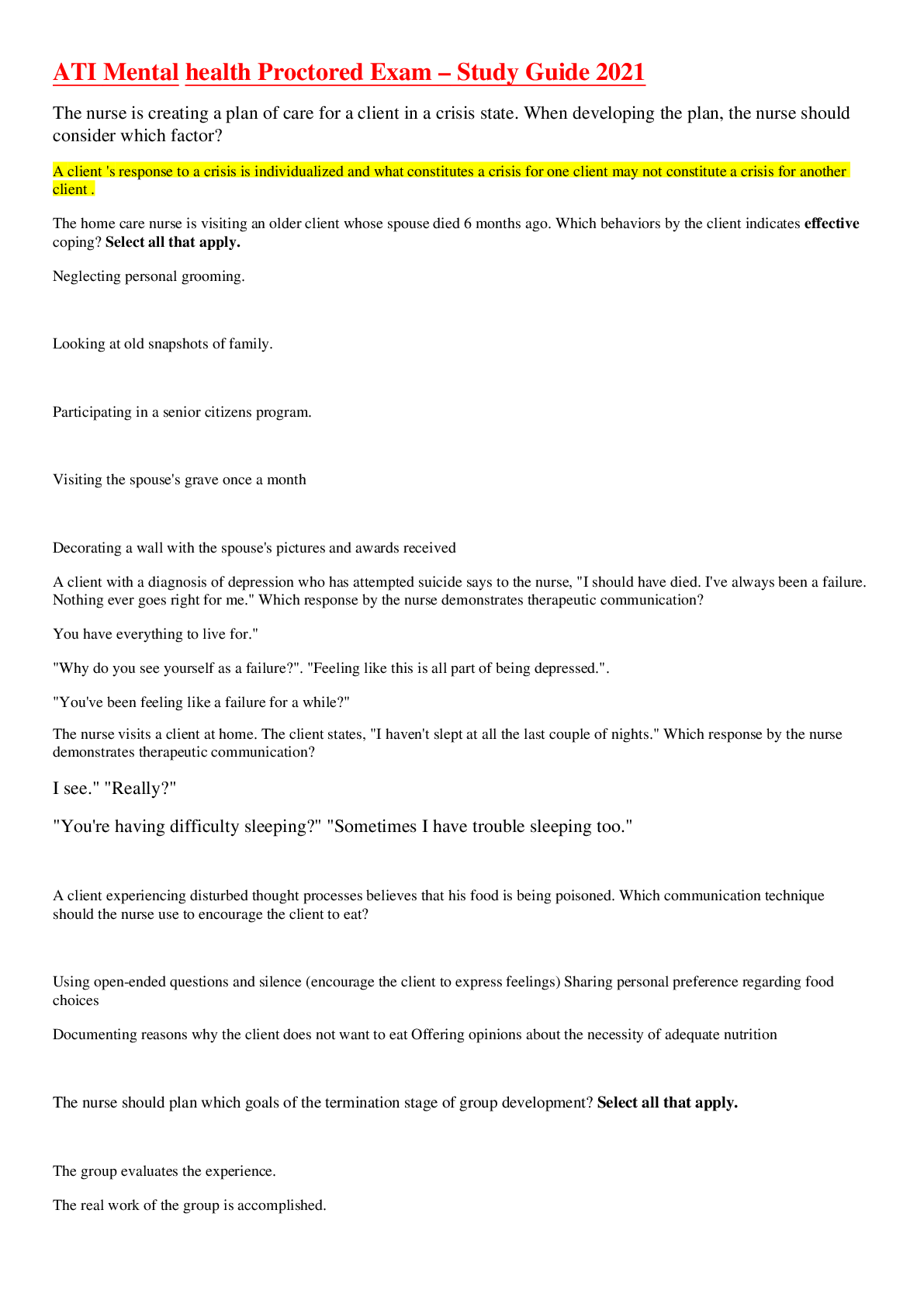 Preview image for ATI Mental health Proctored Exam – Study Guide 2021